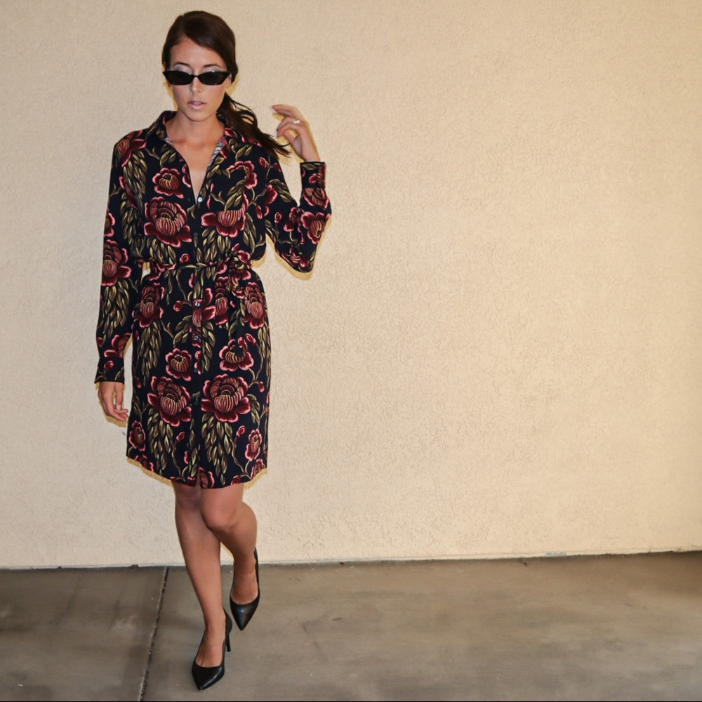 Ann Taylor Black Floral Button Down Collared Dress